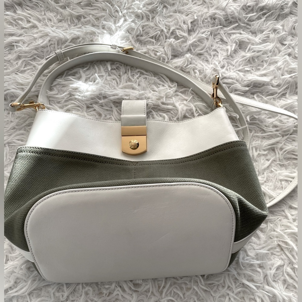 NEW Veronica Beard Small Suede Crest Lock Bucket Bag green white - Picture 4 of 7